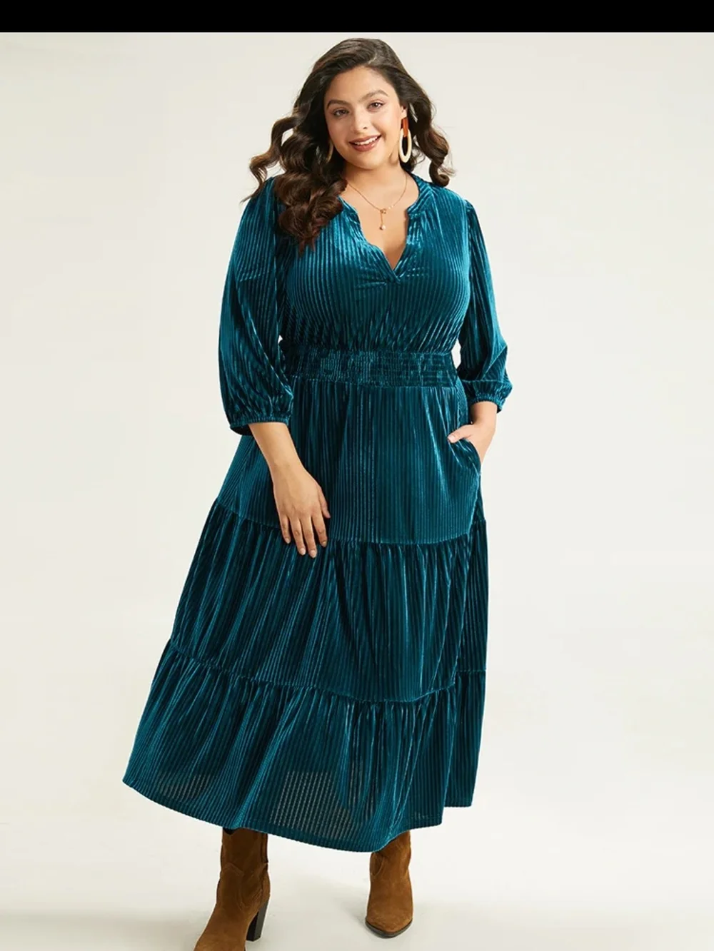BloomChic Teal Pleated Velvet Tiered Maxi Dress